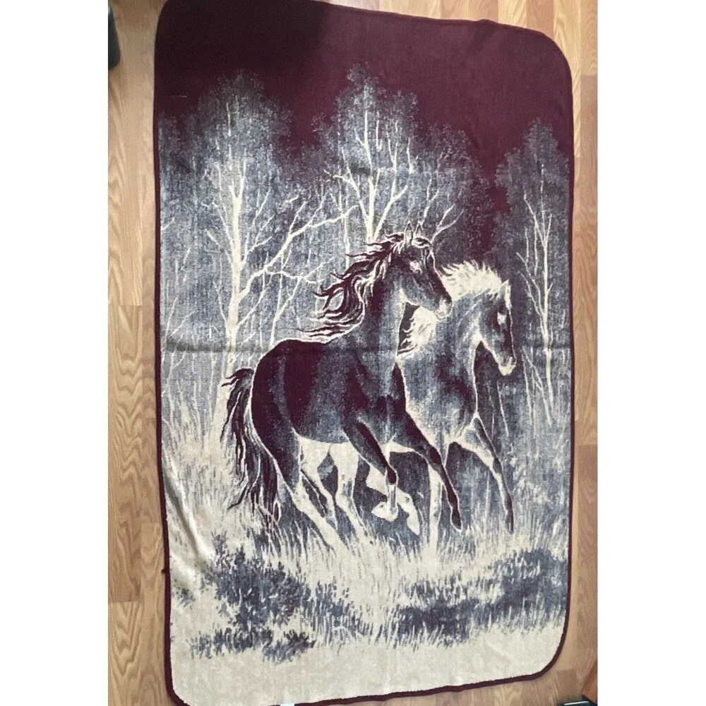 Vintage San Marcos Wild Horses Blanket Reversible Two Tone Burgundy Ivory 85x54
